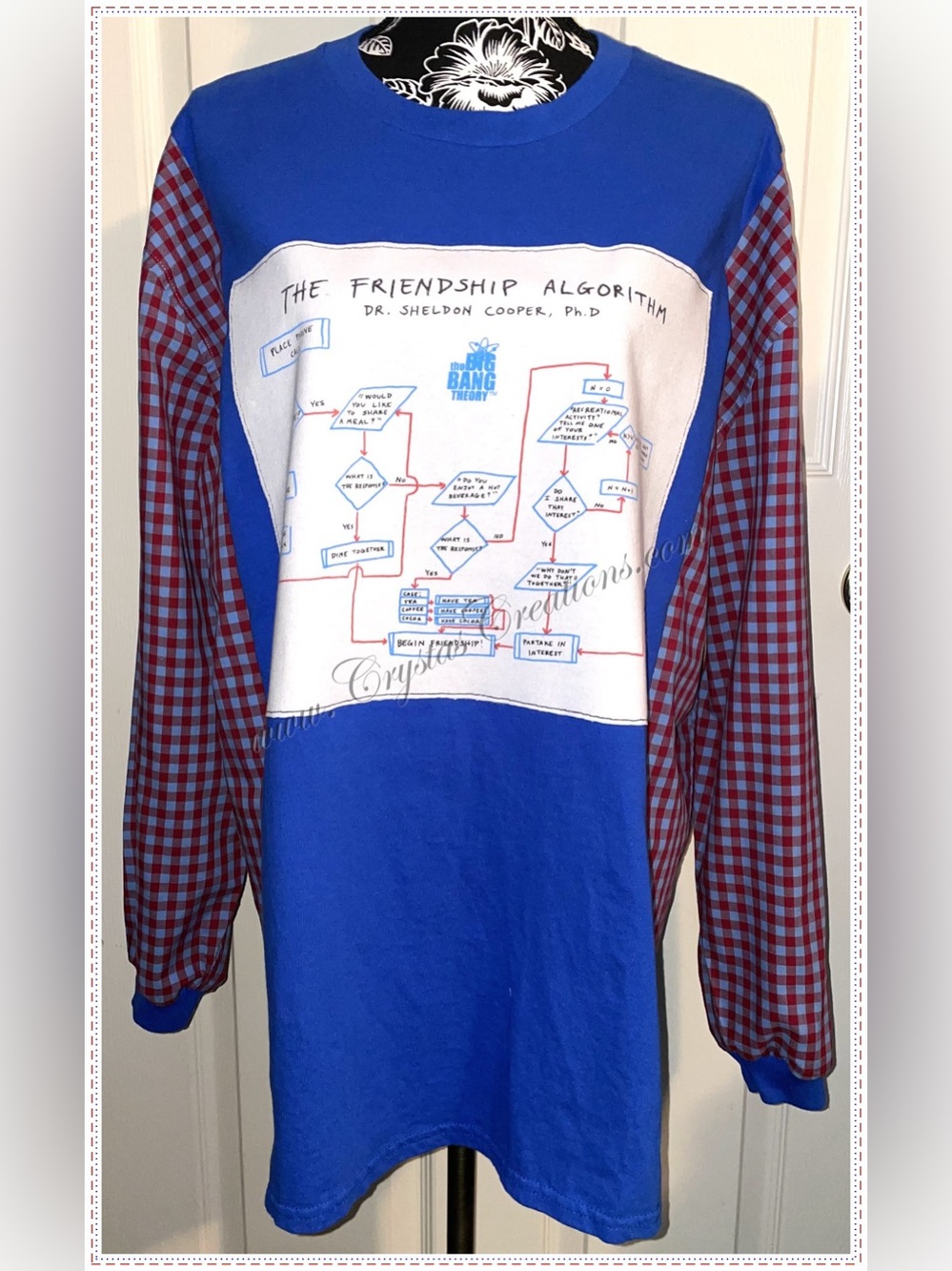Gildan Blue Long-Sleeve Tee with Red Plaid Sleeves